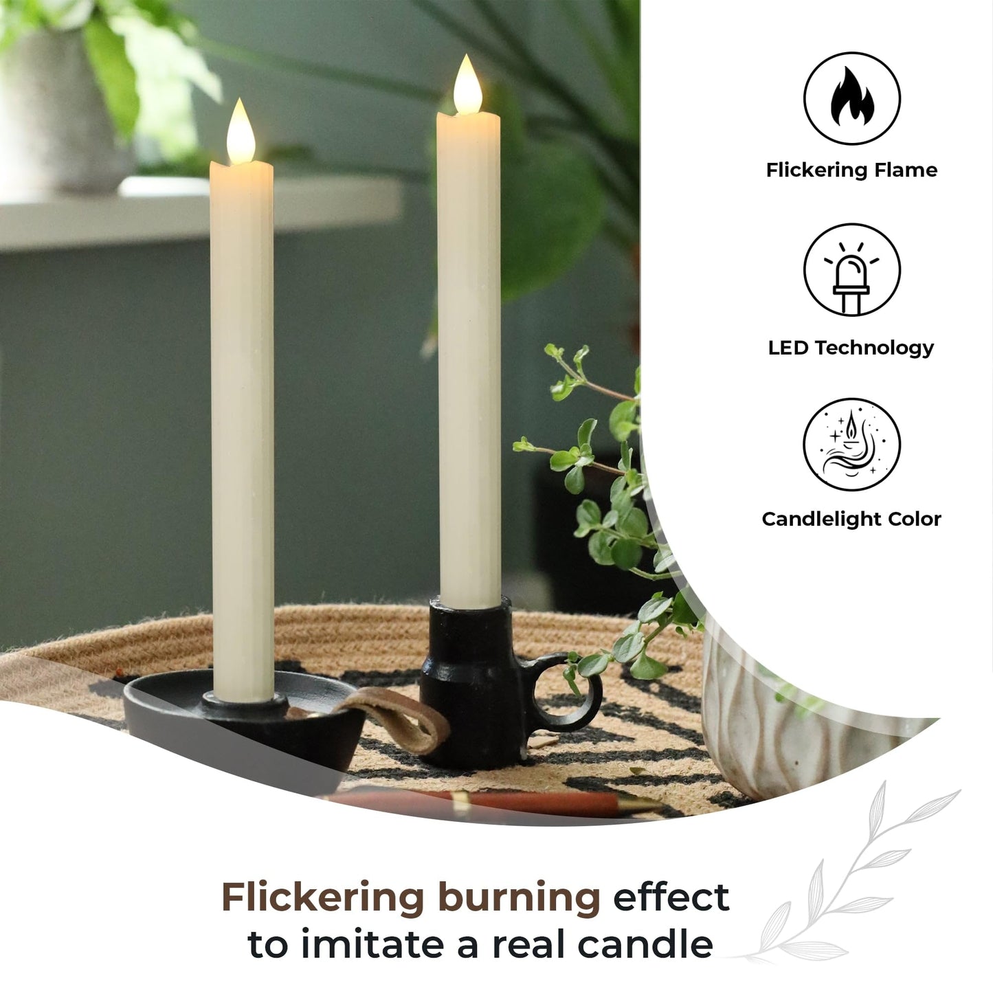 comforder Flameless Taper Candles – Flickering LED Flame with 6H Timer – Real Wax, Ribbed Design – Battery Operated Set of 2 – 10" Tall (Cream)"
