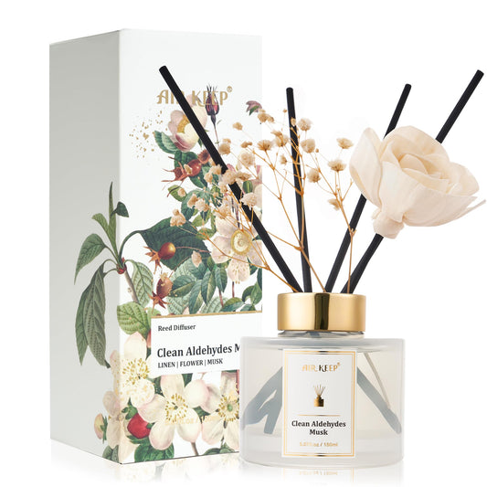 Airkeep Flower Reed Diffusers Set, 5.07 oz Clean Aldehydes Musk Scented Oil Diffuser with 8 Reed Sticks, Home Fragrance Diffuser Gift Set for Bathroom & Office Decor 150ml