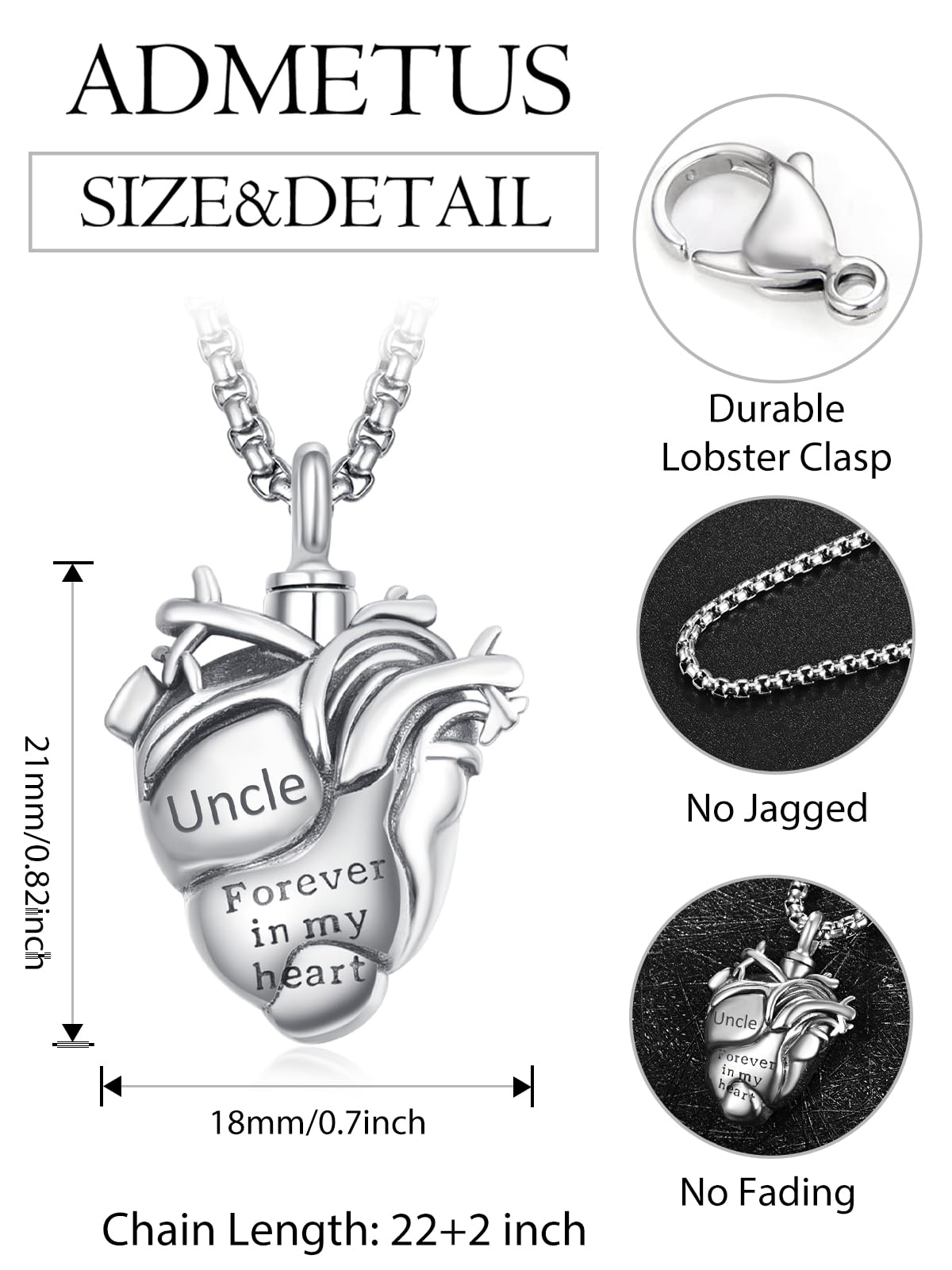 Personalized Anatomical Heart Urn Necklaces for Ashes Sterling Silver Ash Pendants Cremation Jewelry Uncle Keepsake Pendant Memorial Jewelry Gifts for Loss of Uncle