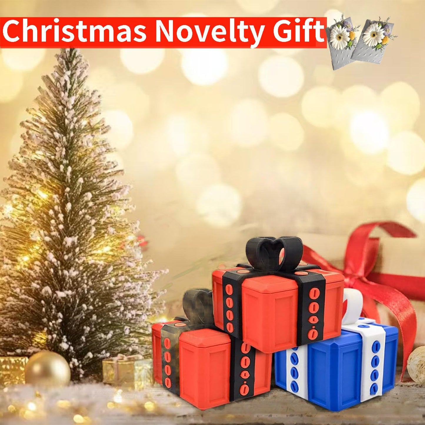Annoying 3D Printed Gift Box with Screws - Funny Christmas Decoration, Magic Gift Box for Friends (Red and Green, Black Button)