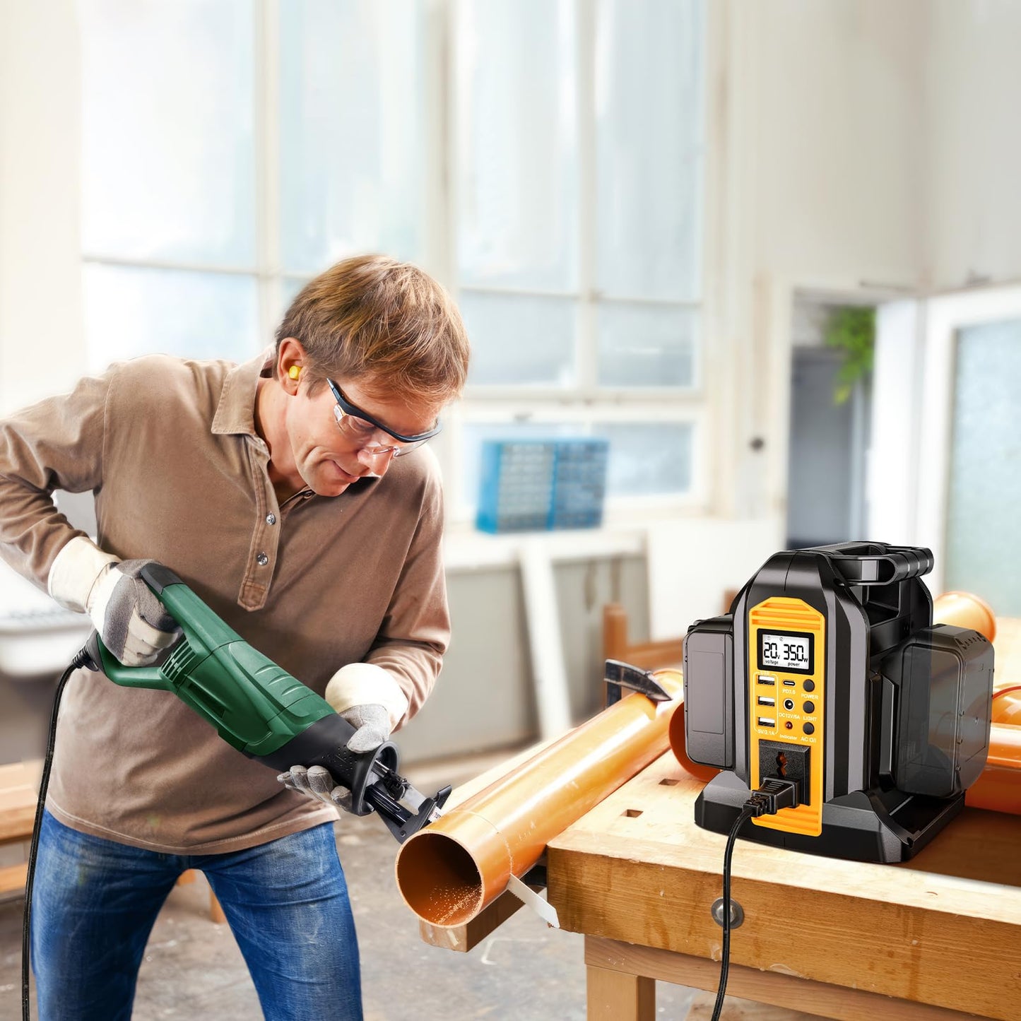 DTEZTECH 350W Power Inverter for Dewalt 20V/60V Batteries, Dual Battery DC 20V to AC 110-120V Pure Sine Wave with 3 USB Ports & LED Work Light, Portable Camping & Emergency Power Station (Tool Only)