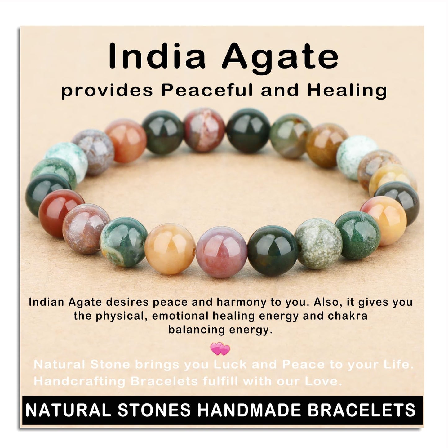 AD Beads Handmade Gemstone Stretch Elastic Bracelet Crystal Healing Reiki Nature's Beauty and Spiritual Essence Unisex (8mm, Indian Agate)