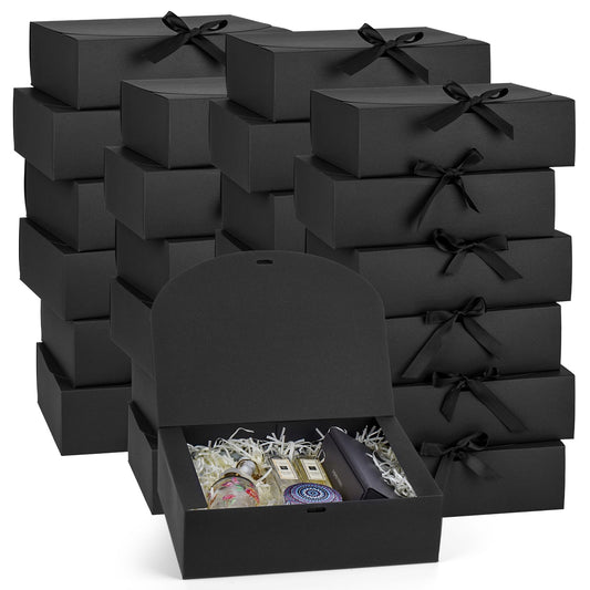 24 Pack Gift Boxes with Lids, 10.6x7.8x3.1 Inch Groomsmen Proposal Box, Luxury Black Gift Box with Ribbon for Wedding, Packaging, Present, Birthday (Black)