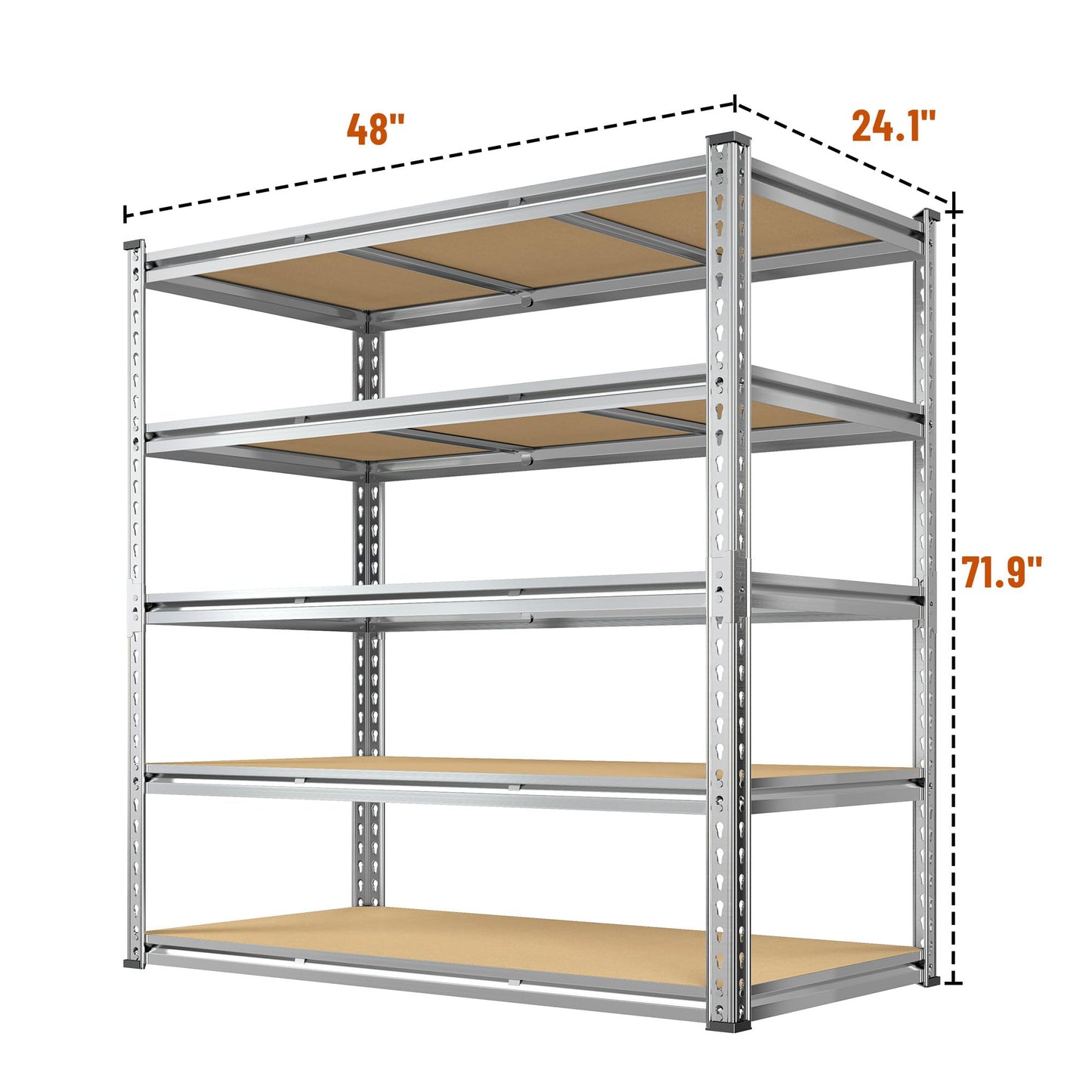 Snhomee Garage Shelving Load 3100LBS, 5-Tier Storage Shelves, Adjustable Garage Shelves, Shelving Units and Storage, Metal Shelf for Kitchen, Pantry, Warehouse, 48" W x 71.9" H x 24.1" D, Galvanized