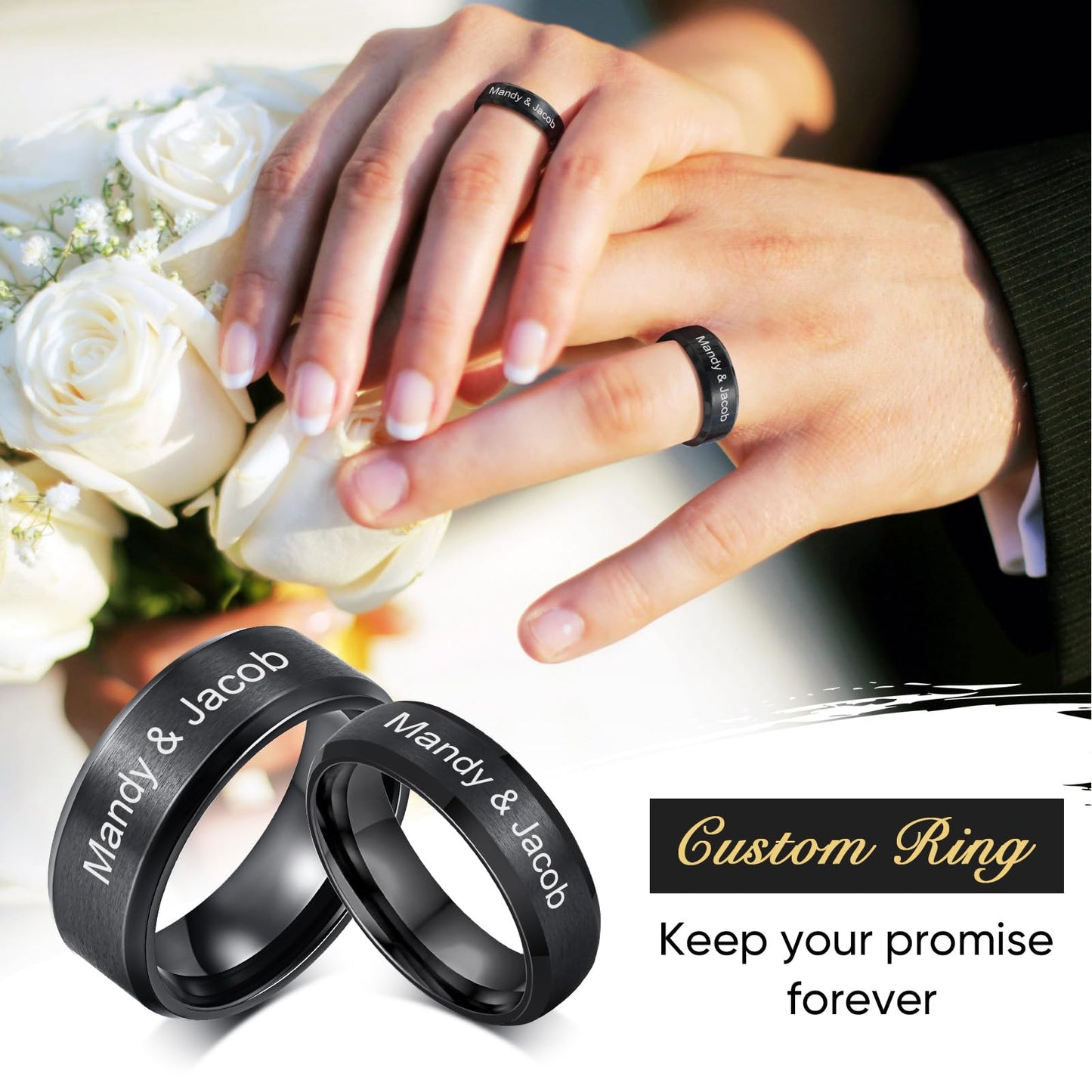 VNOX Customize Jewelry 6MM Black Stainless Steel Beveled Edge Matte Brushed Finish Rings for Men Women,Size 8