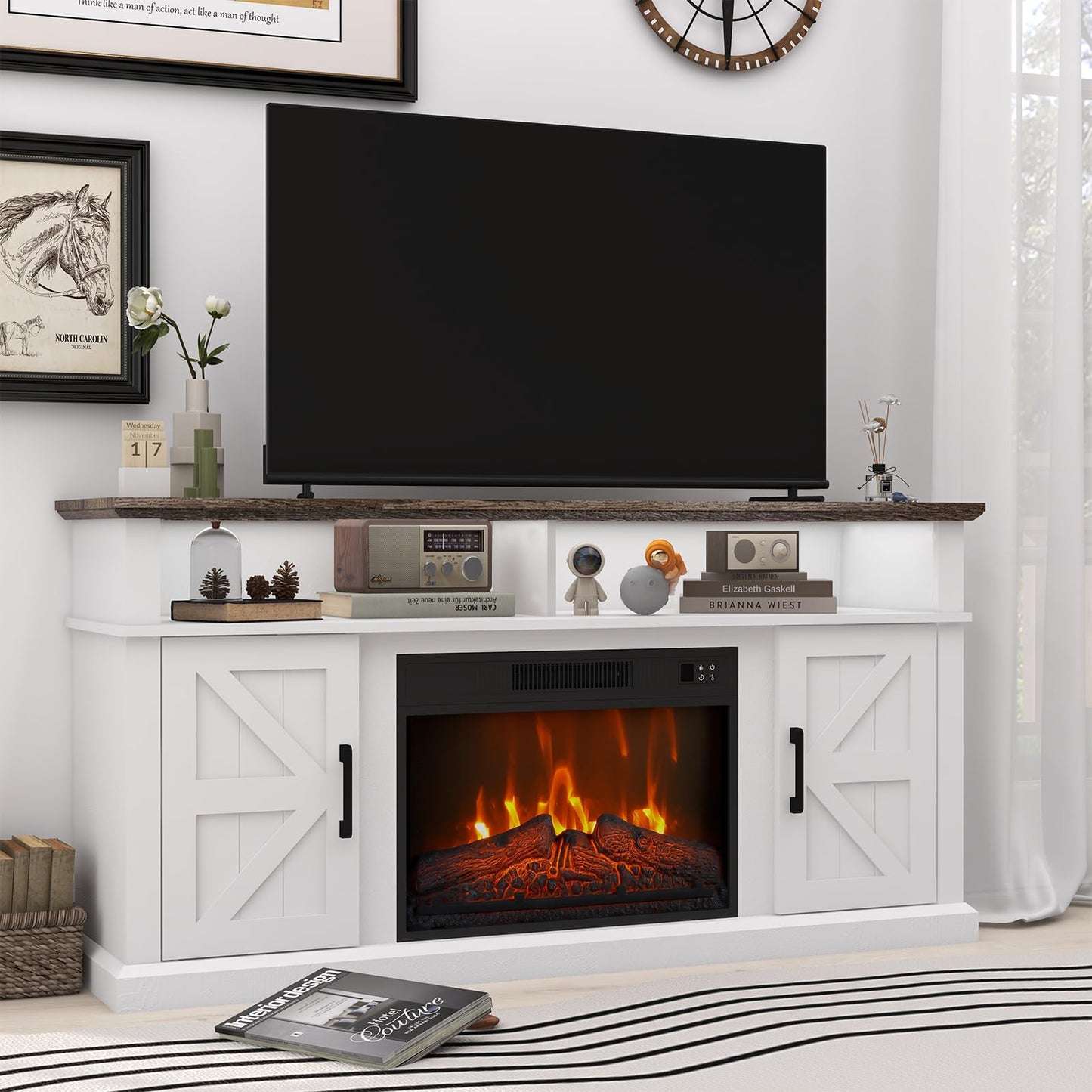 LubanNese Fireplace TV Stand for TVs Up to 65" with 23" Electric Fireplace, Entertainment Center with Storage Cabinet and Open Shelves, Media Console with Barn Doors for Living Room (White)