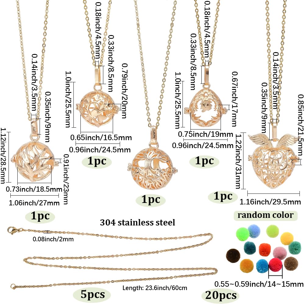 SUNNYCLUE 1 Box 5Pcs Aromatherapy Necklaces Diffuser Necklace with 20Pcs Pom Pom Ball Tree of Life Angel Essential Oil Diffuser Jewelry 304 Stainless Steel Hollow Bead Cage Pendants for Women Gifts