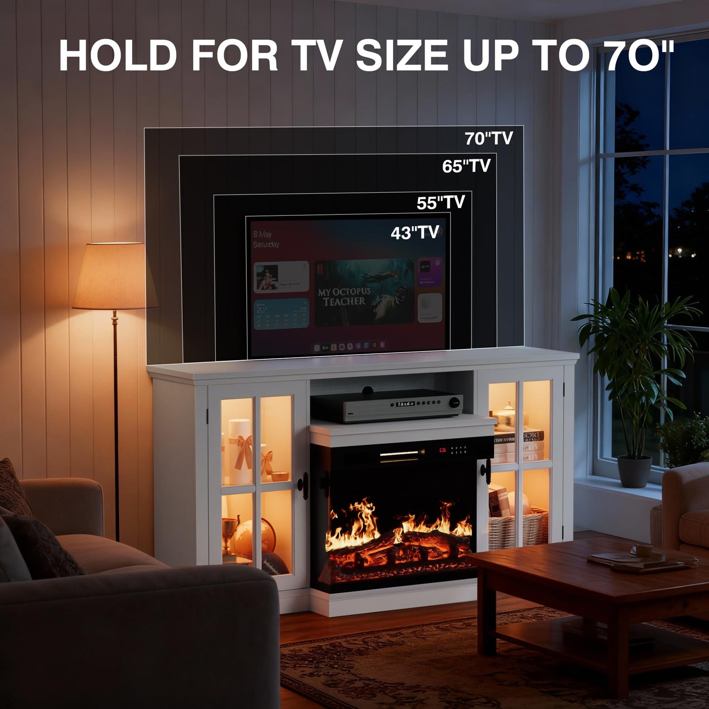 YESHOMY Glass Fireplace TV Stand for Televisions up to 65", Media Entertainment Center Console Table with Led Lights, White Wash