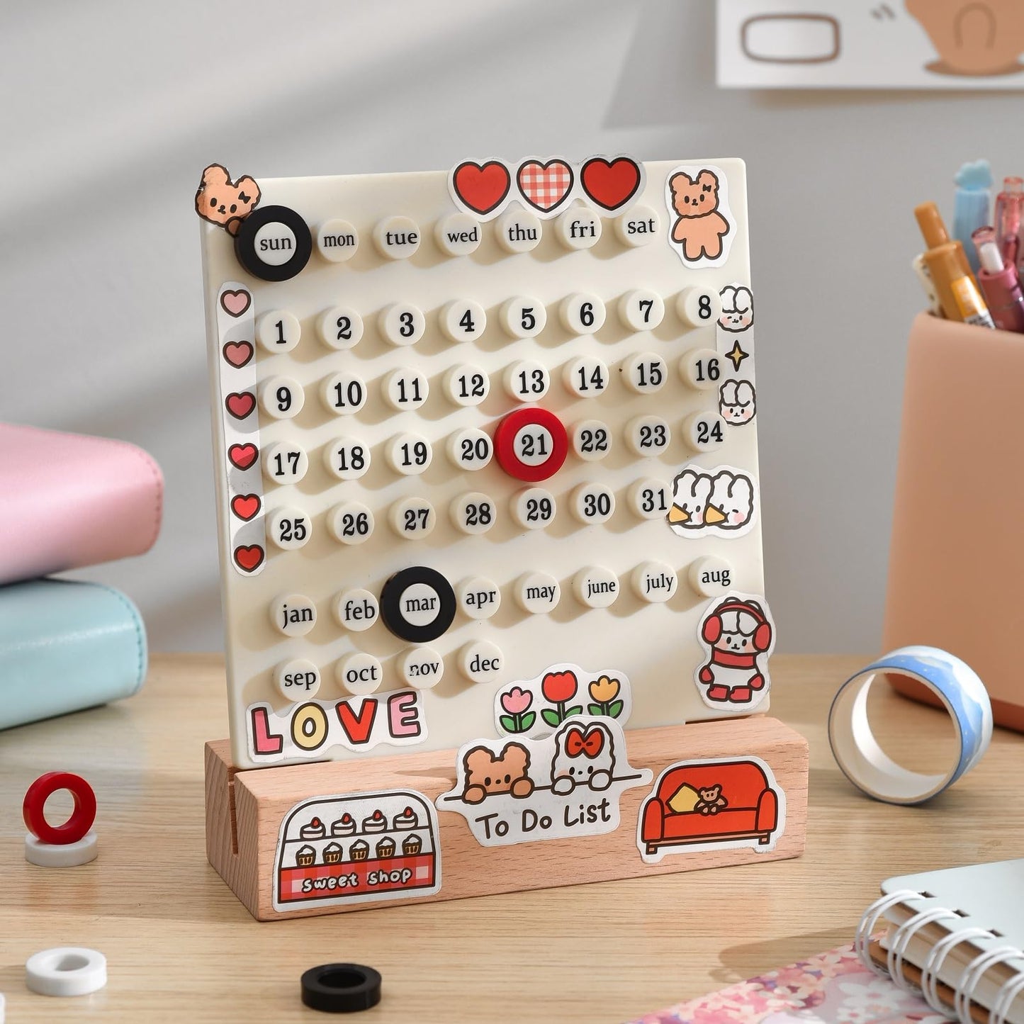 MEMORY FISH Wooden Desk Calendar Perpetual Calendar Retro Home Unique Gifts,Month Date Display, Desk Decorations for Office, Desk Accessories Aesthetic, Cute Desk Decor(Creamy white)