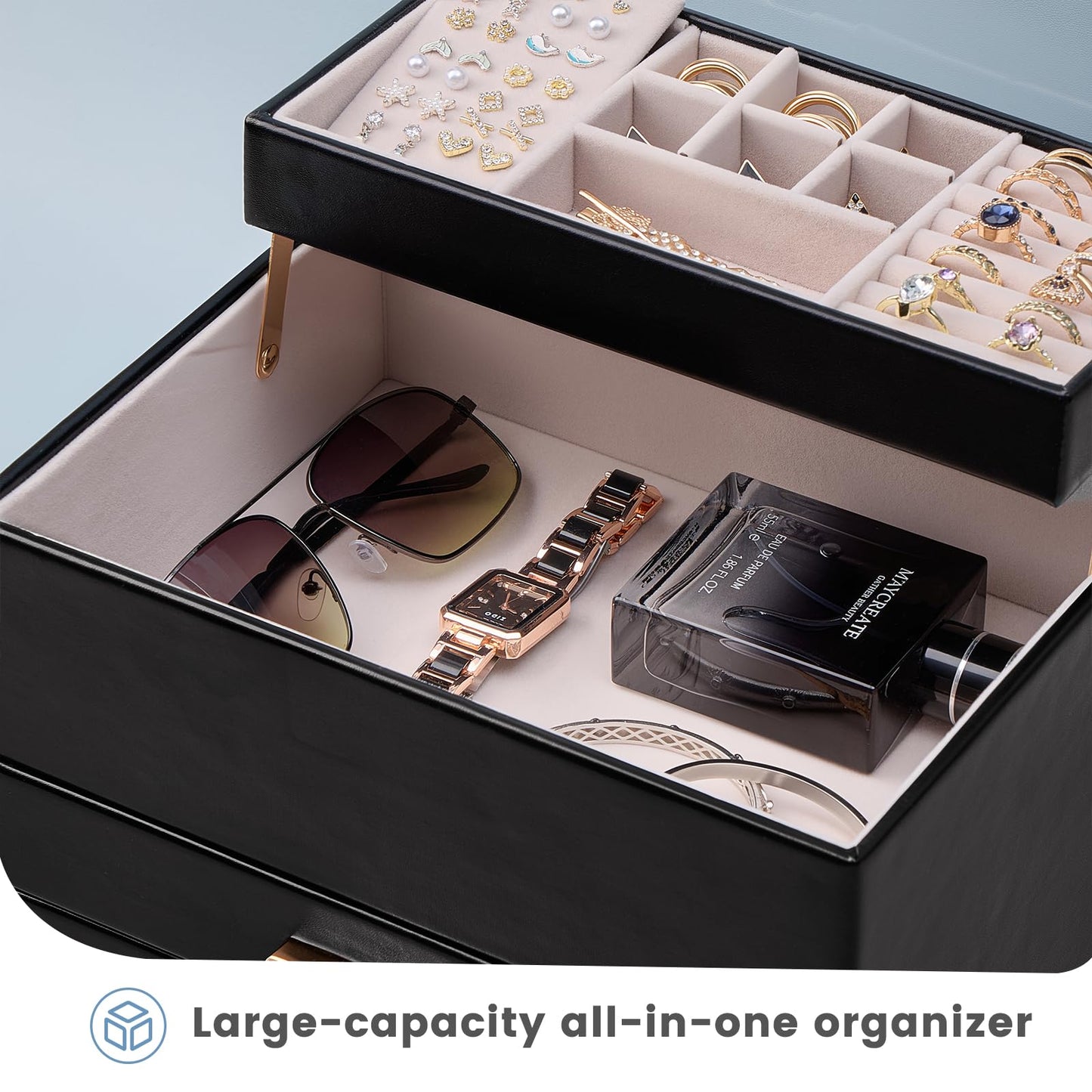Lolalet Jewelry Box, Clear Window Jewelry Organizer with Drawer for Earrings Bracelets Necklaces Rings, Jewelry Storage for Women -Black, 4 Layers