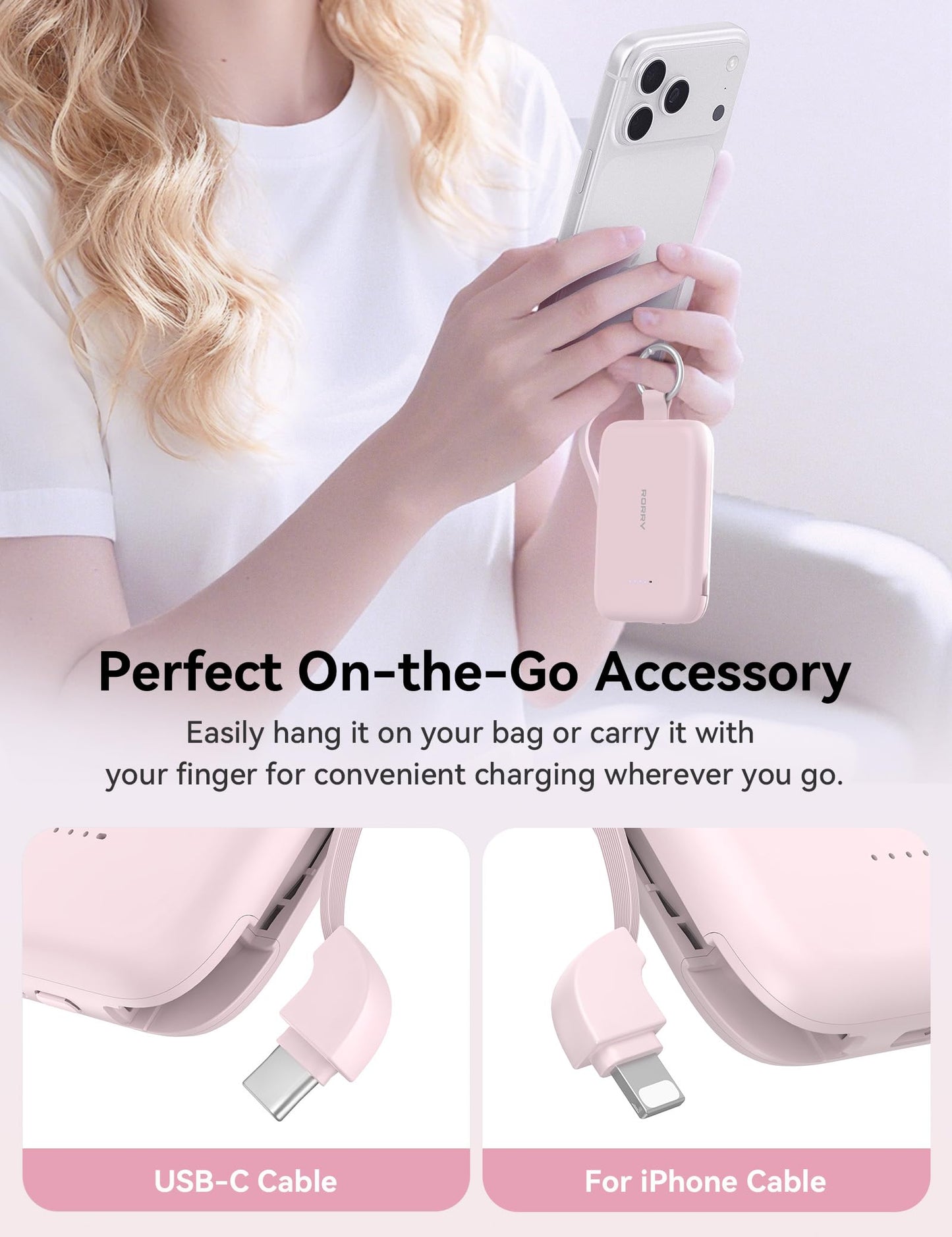 RORRY Portable Charger, 10000mAh PD 30W Fast Charging Portable Charger Power Bank with Built-in Cables, Travel Keychain Charger Battery Pack for iPhone 17/16/15/14/13/12, for AirPods 2/3/4/Pro, Pink
