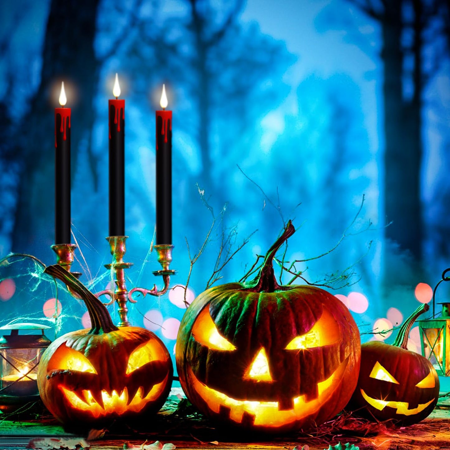 Eldnacele LED Flameless Taper Candles Battery Operated with Remote and Timer 3D Wick Flickering Blood Dripping Halloween Dinner Spooky Horror Home Decoration Set of 4 Black Candles, 0.78" x 8.9"""