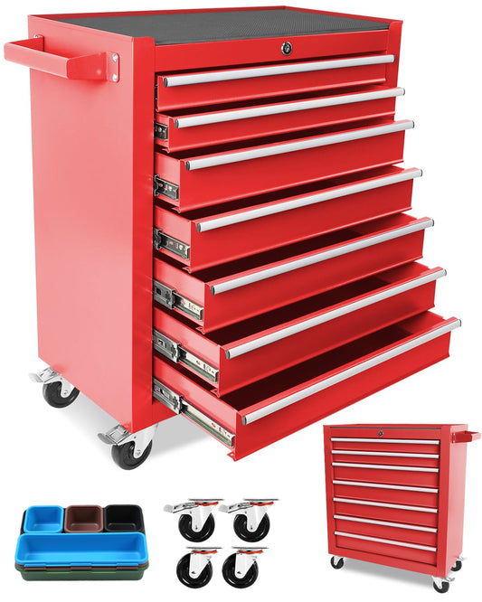 7-Drawer Rolling Tool Chest, Locking Removable Drawers Tool Cabinet with Stainless Steel Top & Brake Wheels, Heavy-Duty Garage Toolbox Cart for Home/Factory, Red
