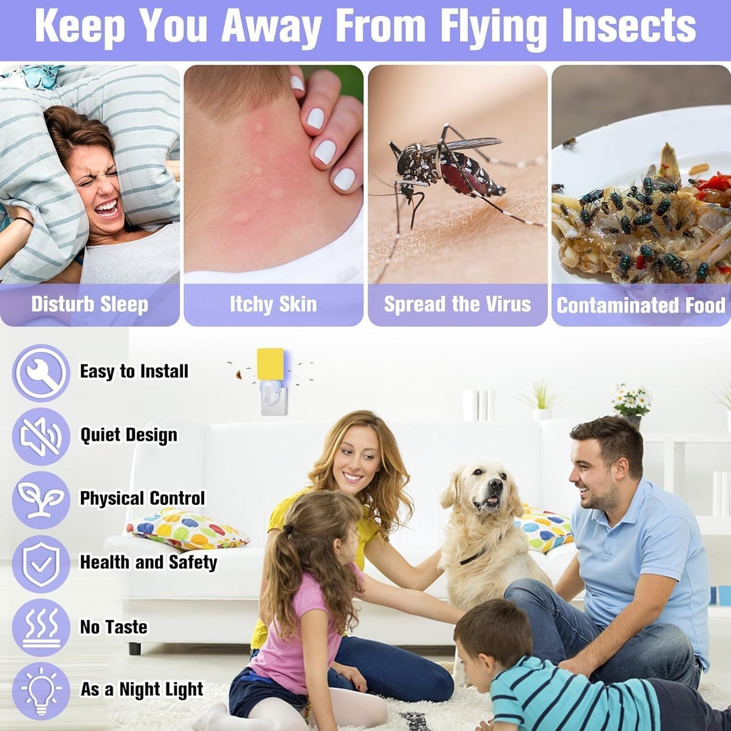 Pestvanish Flying Insect Trap Plug-in, Indoor Mosquito & Gnat Killer, Safe Non-Toxic UV Light Fly Catcher, Night Light Bug Trap with Sticky Pad for Flies, Gnats, Moths (2 Pack, Bright White)