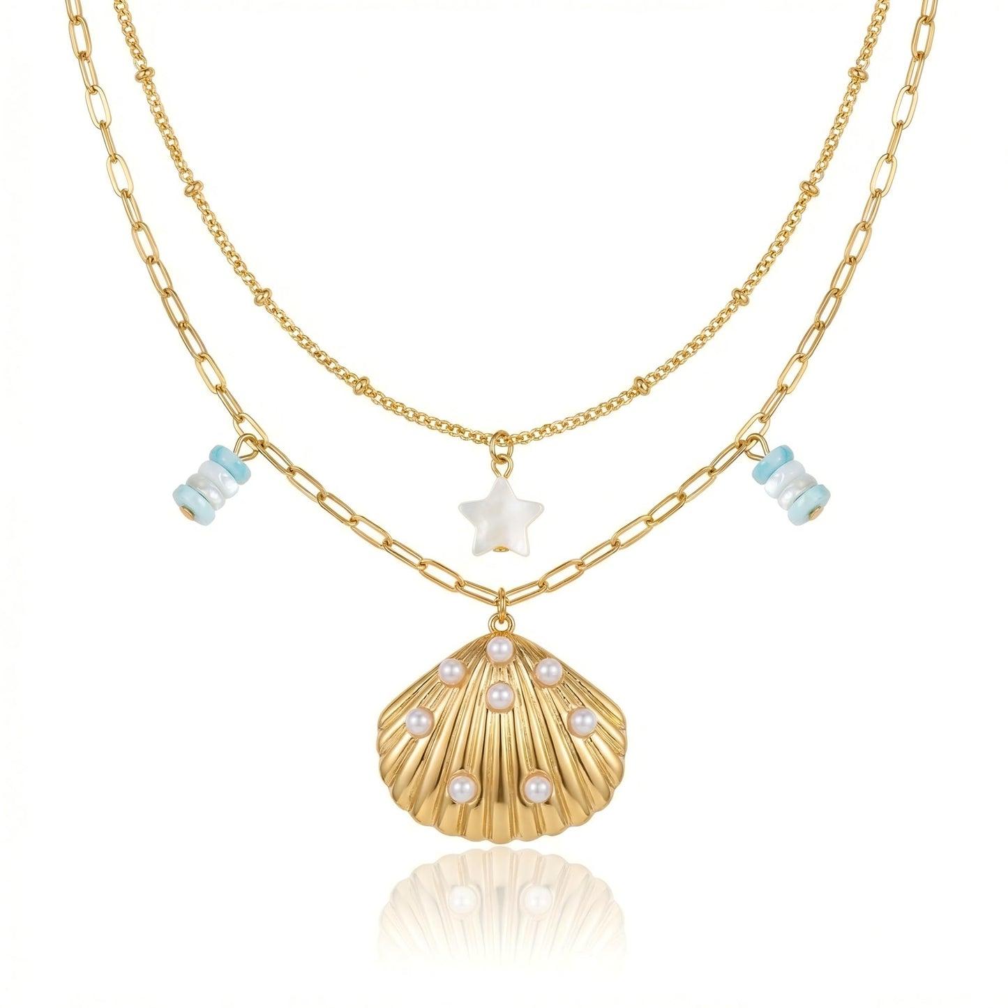 Harlermoon Gold Starfish Necklace for Women - 18K Gold Plated Stainless Steel Ocean Beach Jewelry, Sea Turtle Shell Pearl Pendant, Waterproof Non Tarnish Snake Chain Choker, Summer Vacation Mermaid Gifts (Shell Pearl Star)