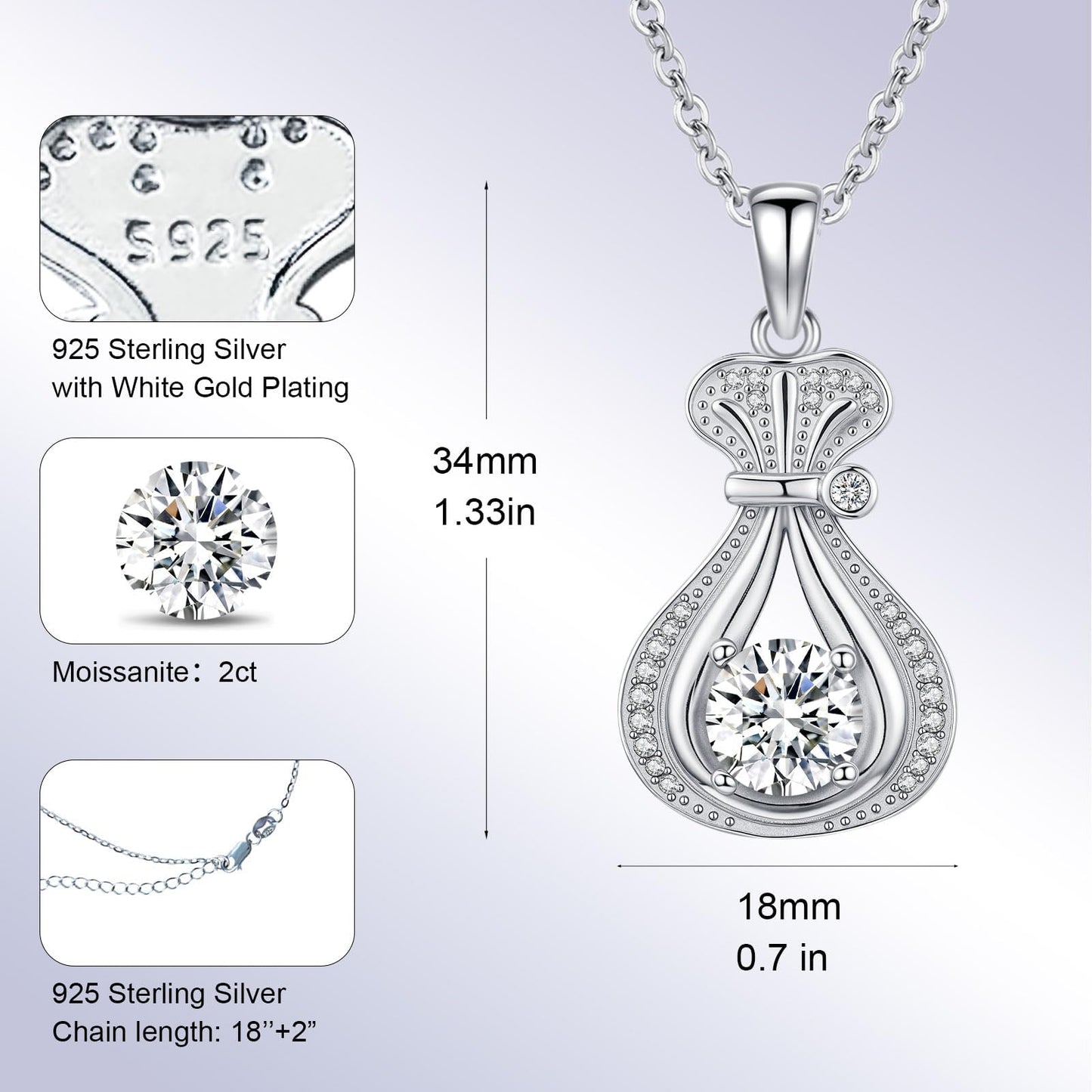 2 Carat Moissanite Necklace 925 Sterling Silver Jewelry AAAAA Cubic Zirconia Money Bag Pendant Necklace Best Gifts for Mom Women Girlfriend Grandma Friend Lover Her Wedding Birthday Anniversary Daily