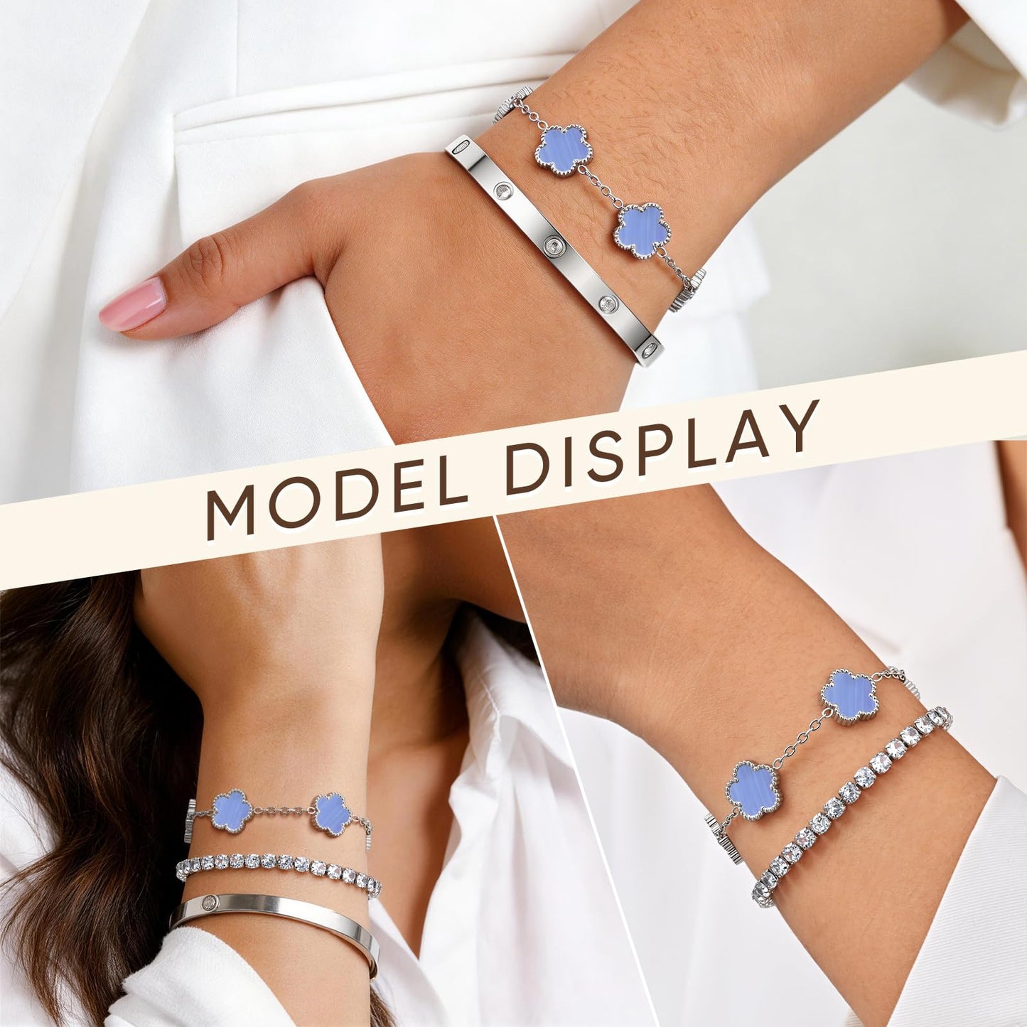 Womens Stackable Floral Silver Bracelets - 3Pcs Silver Sterling Bracelet,Stainless Steel Bangle Bracelets Non Tarnish, Stacked Bracelet Set Trendy Jewelry,Christmas Prom Birthday Gifts for Girlfriend