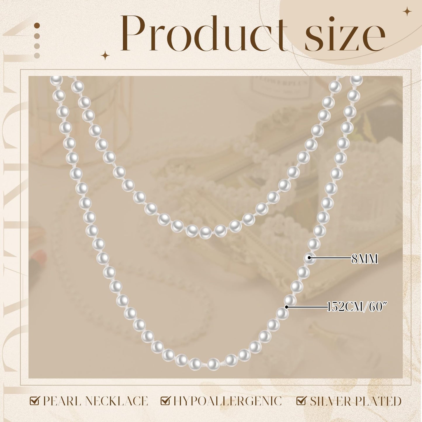 Aurelema 2 Pack Long Pearl Necklace for Women 1920s Costume Party Jewelry Faux Pearls Strand Beads for Ladies(60 Inches,8 mm,Classic,Cream White)