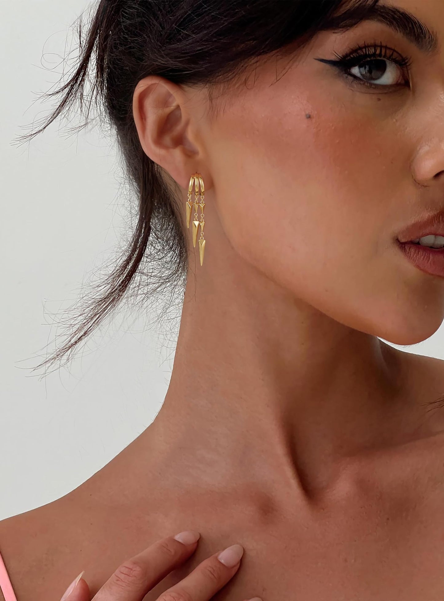 Freekiss Gold Hypoallergenic Stud Dangle Earrings for Women, Dainty Minimalist Long Drop Illusion Huggie Hoop Earrings Set, Simple 14k Gold Plated Womens Jewelry