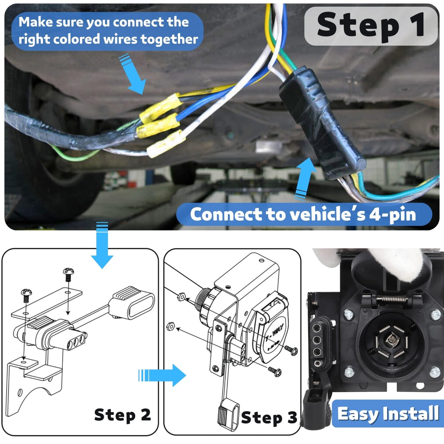MECMO Multi-Tow 4-Way Flat to 7-Way RV Blade and 4-Way Flat Female End Trailer Wiring Adapter Connector Kit, 4 Pin Vehicle-Side Trailer Light Plug to Dual-output 7 Blade & 4 Flat with Mounting Bracket