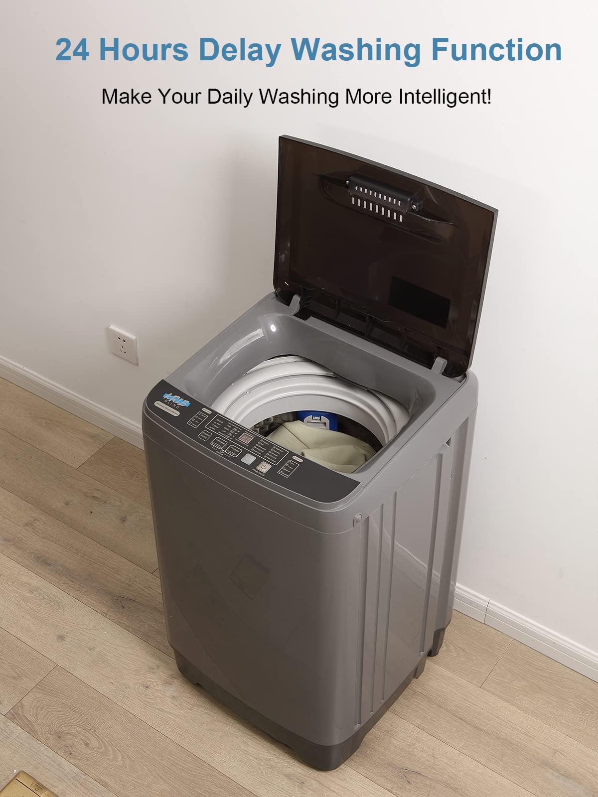 Full-Automatic Washing Machine 17.7 lbs Small Compact Portable 10 Wash Program & 8 Water Level Compact Washer with LED Display Ideal for Apartments, RV, Camping, Grey