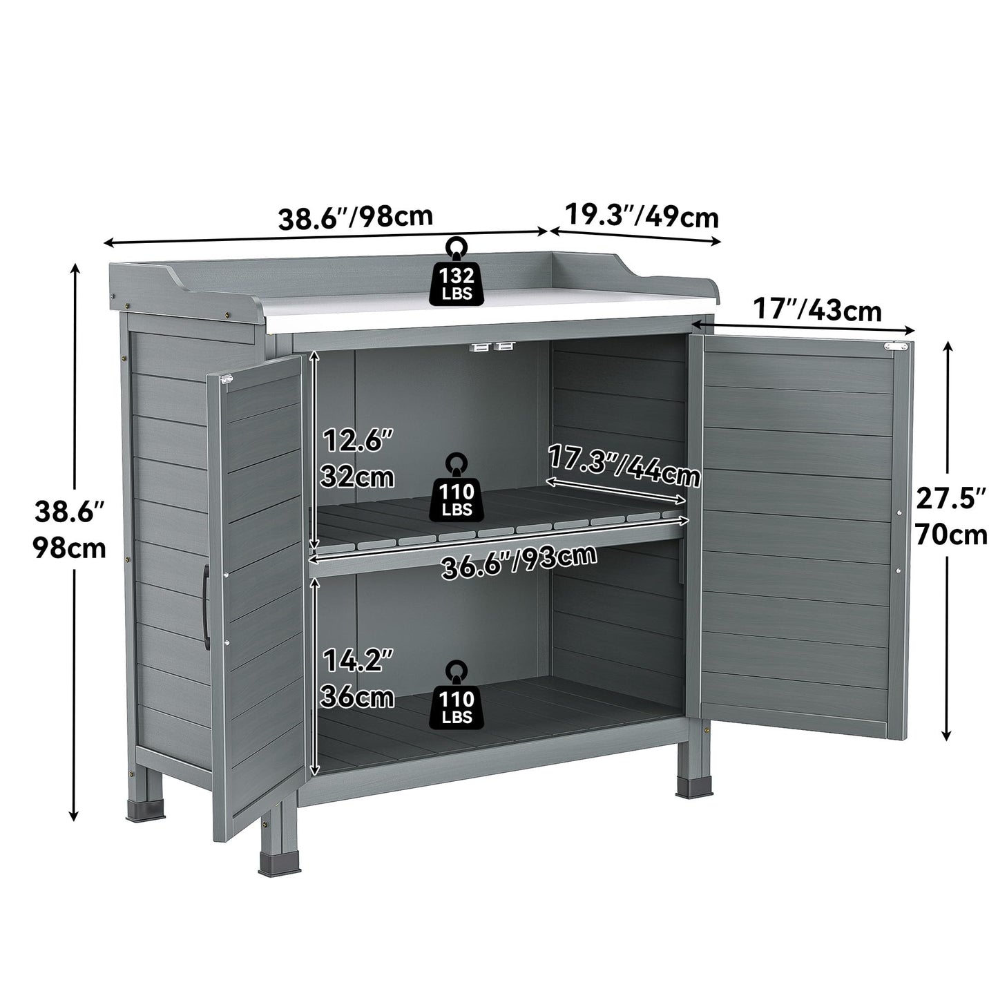 YITAHOME Outdoor Garden Potting Bench with Storage Cabinet, Metal Tabletop & Removable Shelf, Wooden Planting Workstation for Patio, Garden, Yard (Grey)