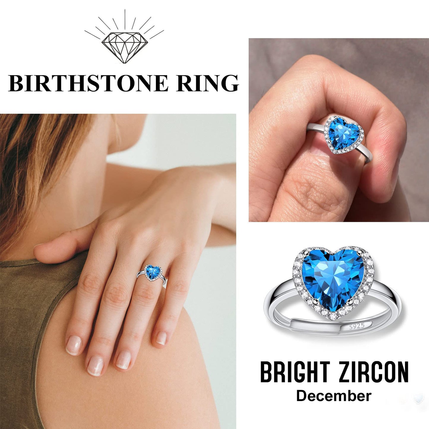 Bestyle CZ Heart Diamond Rings 5mm December Blue Topaz Birthstone Solitaire Rings, 925 Sterling Silver Rings Jewelry Gift for Wedding Anniversary Birthday