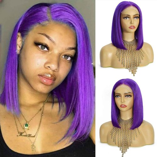 RUOXUAN Purple 5x5 Lace Front Short Bob Wigs Human Hair For Women Pre Plucked Pre Cut Purple Glueless Wigs Human Hair 180% Density Straight Frontal Lace Colored Wig Short Bob 10 Inch