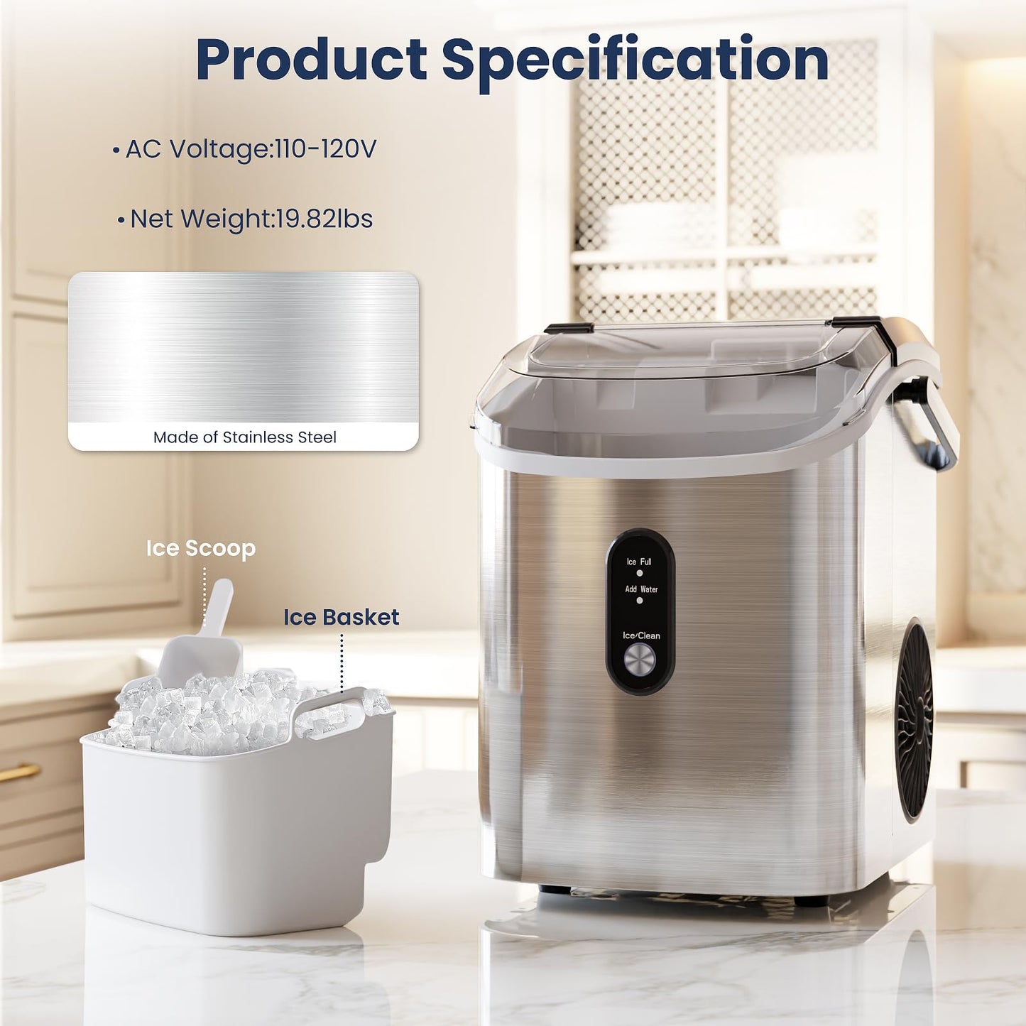 Antarctic Star Nugget Ice Makers Countertop with Self-Cleaning, 35lbs/24H, Portable Sonic Ice Maker Machine with Handle/Basket/Scoop for Home, Kitchen, Office, Camping(Stainless Steel Silver)