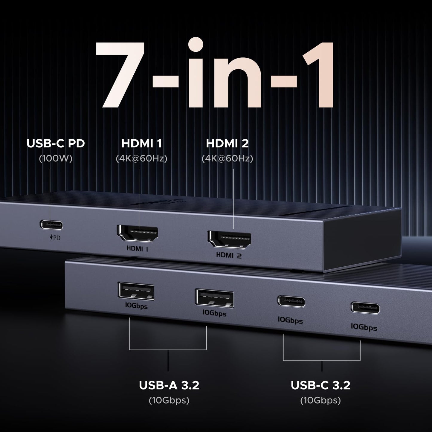 UGREEN 7 in 1 Docking Station Dual Monitor, USB C Hub Dual 4K@60Hz HDMI Display, 10Gbps USB-A/C Data Ports, 100W PD, Aluminum Revodok Pro Laptop Docking Station for HP, Thinkpad, Dell and More