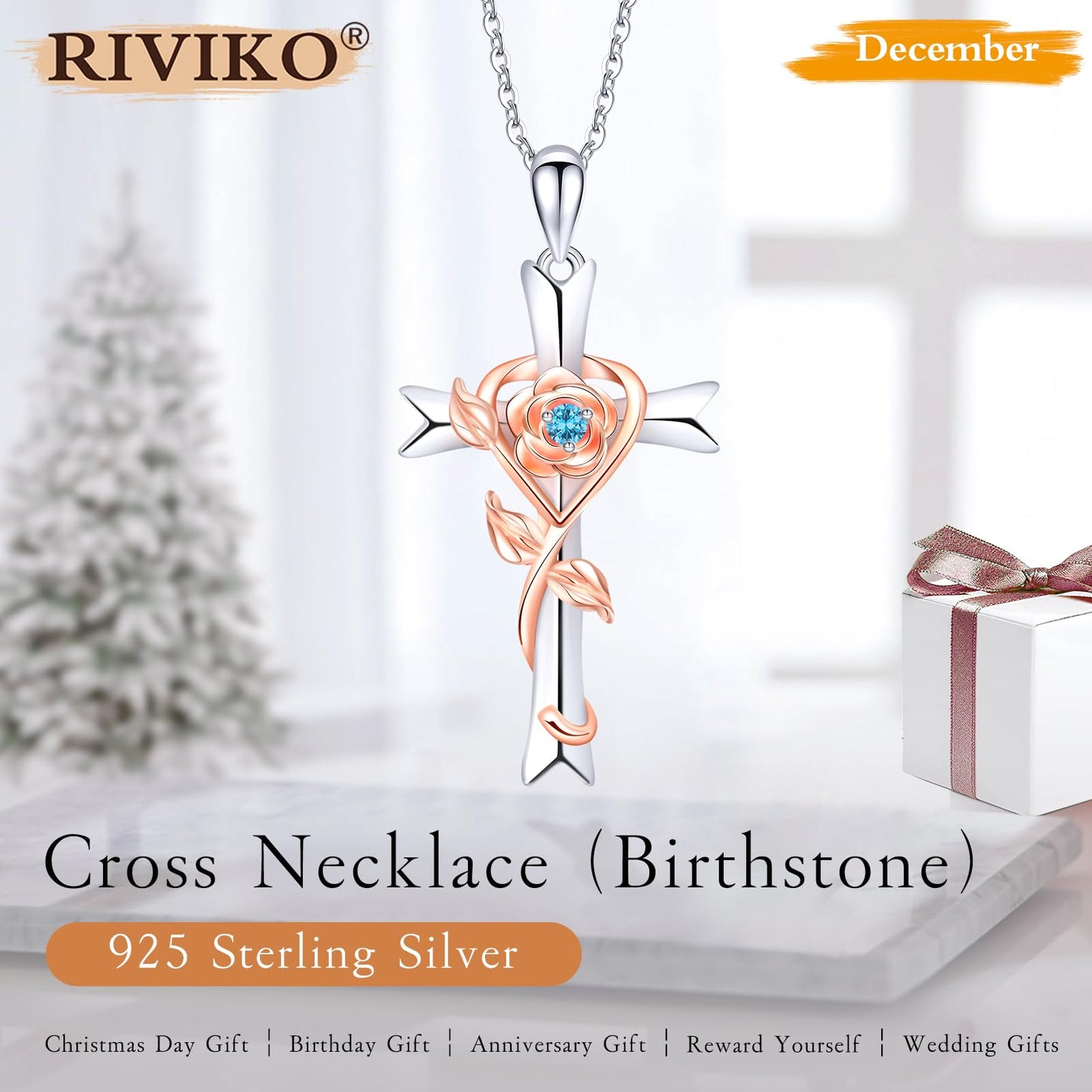RIVIKO Mothers Day Gifts for Wife-925 Sterling Silver Cross December Birthstone Necklace for Women Cross Rose Pendant Necklaces Trendy Christmas Jewelry Anniversary Birthday Gift for Women Her Wife