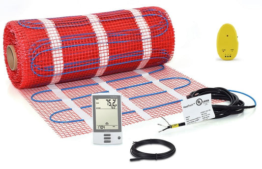 120 aqft 240V Heated Floor Mat System, Electric Radiant Floor Heating Mat w/Adhesive Backing, GFCI Thermostat, Temperature Sensor & Alarm—Ideal for Bathroom, Kitchen, Office, Bedroom