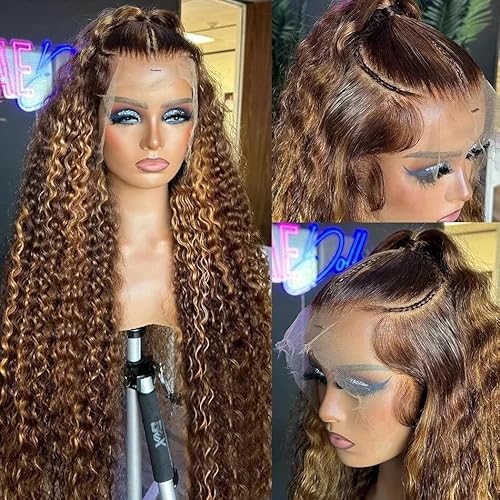 20 Inch Honey Blonde Deep Wave HD Lace Front Wigs Human Hair 180 Density 13x6 Full Lace Frontal Wigs Human Hair Pre Plucked Glueless Water Wave Ombre 4/27 Highlight Wigs for Women