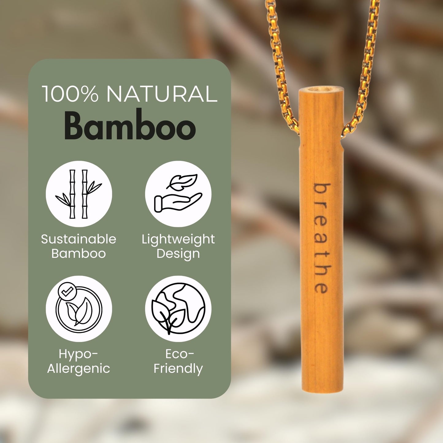 MyCalmAir Bamboo Breathing Necklace for Meditation, Mindfulness Tool, Stress Reducer, Eco-Friendly Breathe Pendant, Portable Relaxation Gift for Men & Women (Gold)