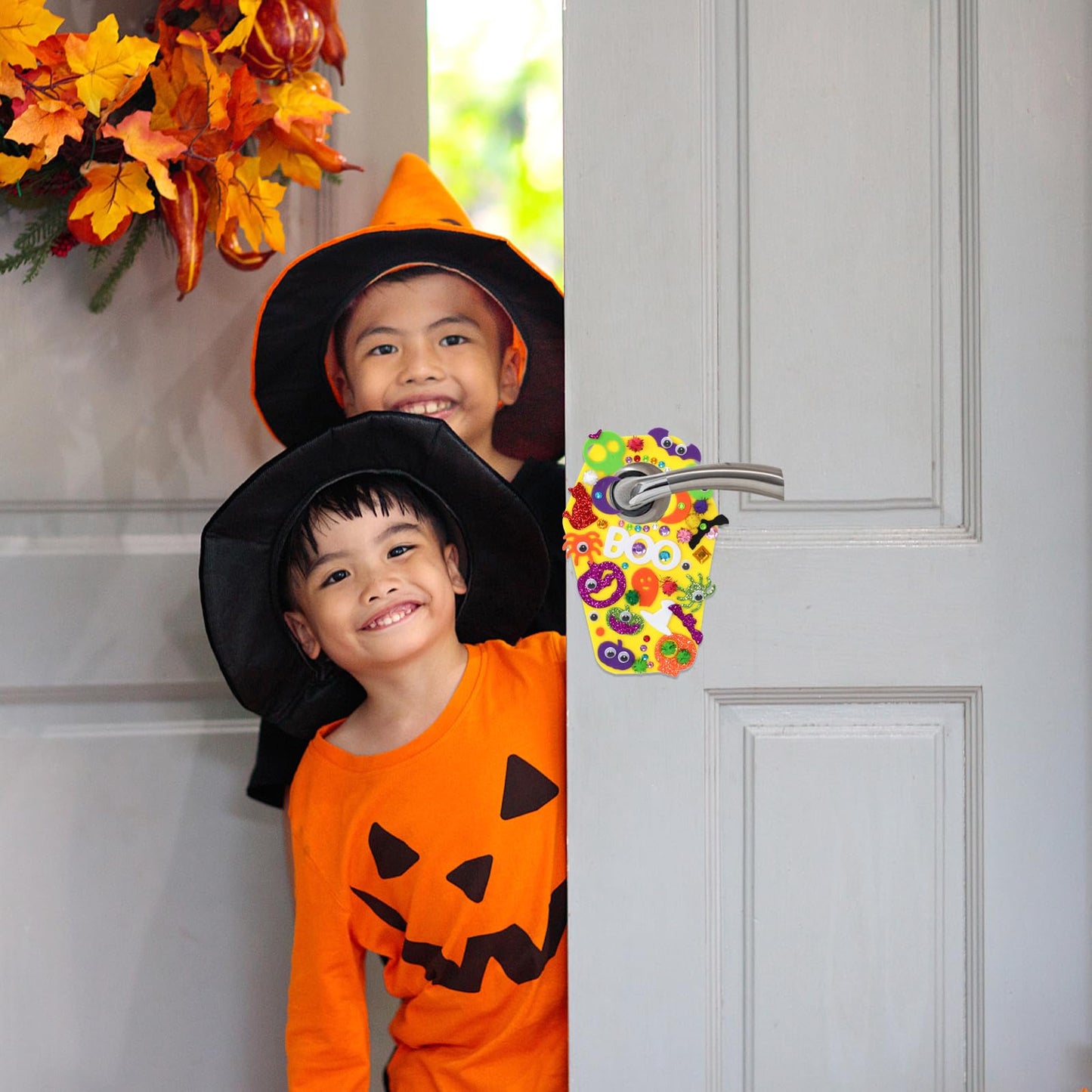 24 Set Halloween Craft Kits DIY Halloween Doorknob Hanger Decorations Fall Arts & Crafts Supplies, Halloween Pumpkin Bat Ghost Monster Foam Stickers for Classroom Gift Party Favors Activities