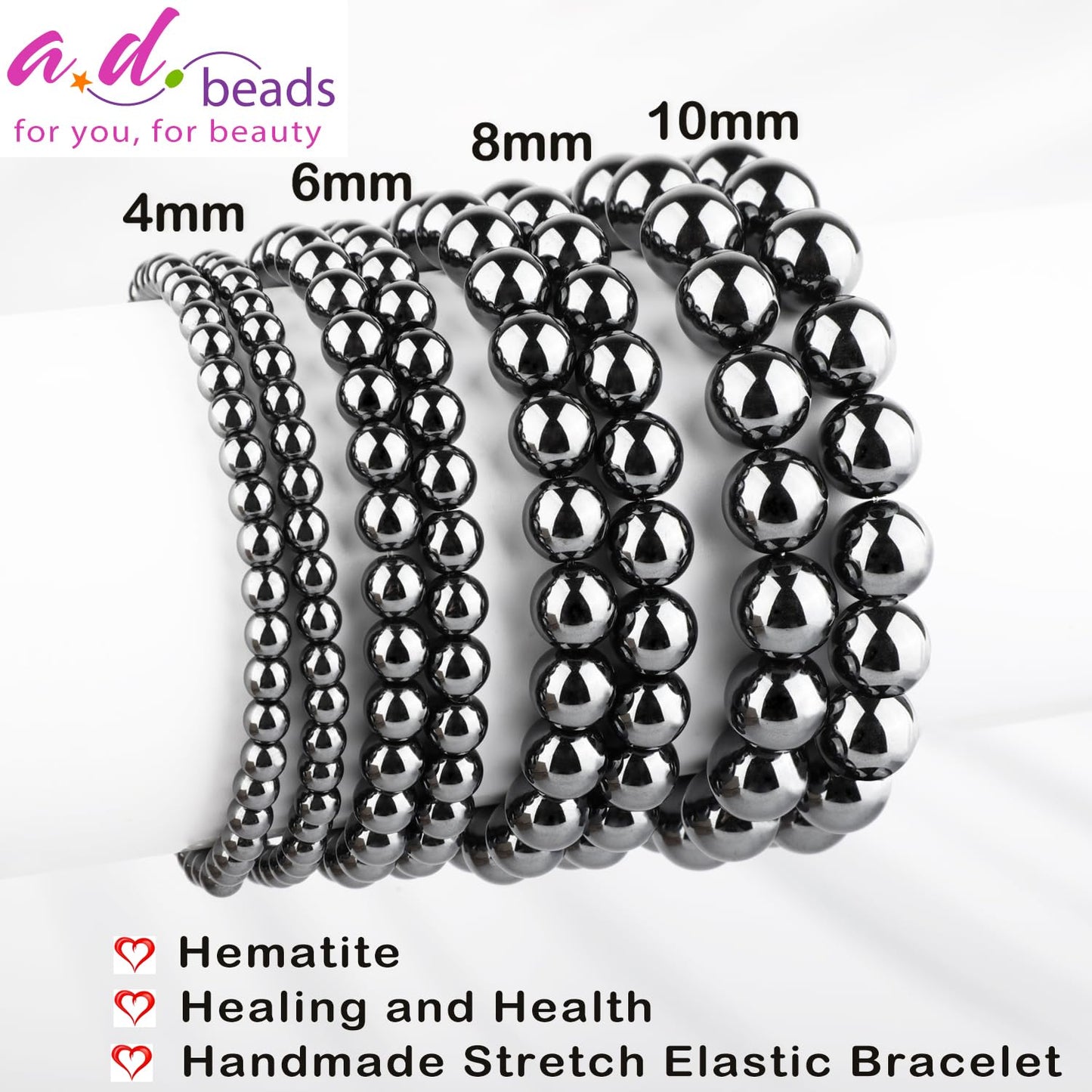 AD Beads 8mm Handmade Hematite Elastic Bracelet – Natural Gemstone for Healing and Health – Meditation, Yoga, Healing and Energy Gift for Men Women