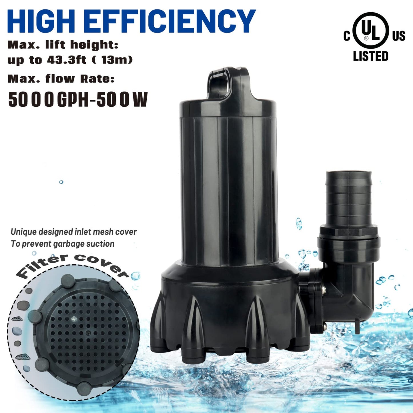 OYO WATER Large 5000GPH Submersible Outdoor Inline Pond Pump High Head Water Pump for Garden Waterfall Fountain Water Circulation for Koi Fish Pond