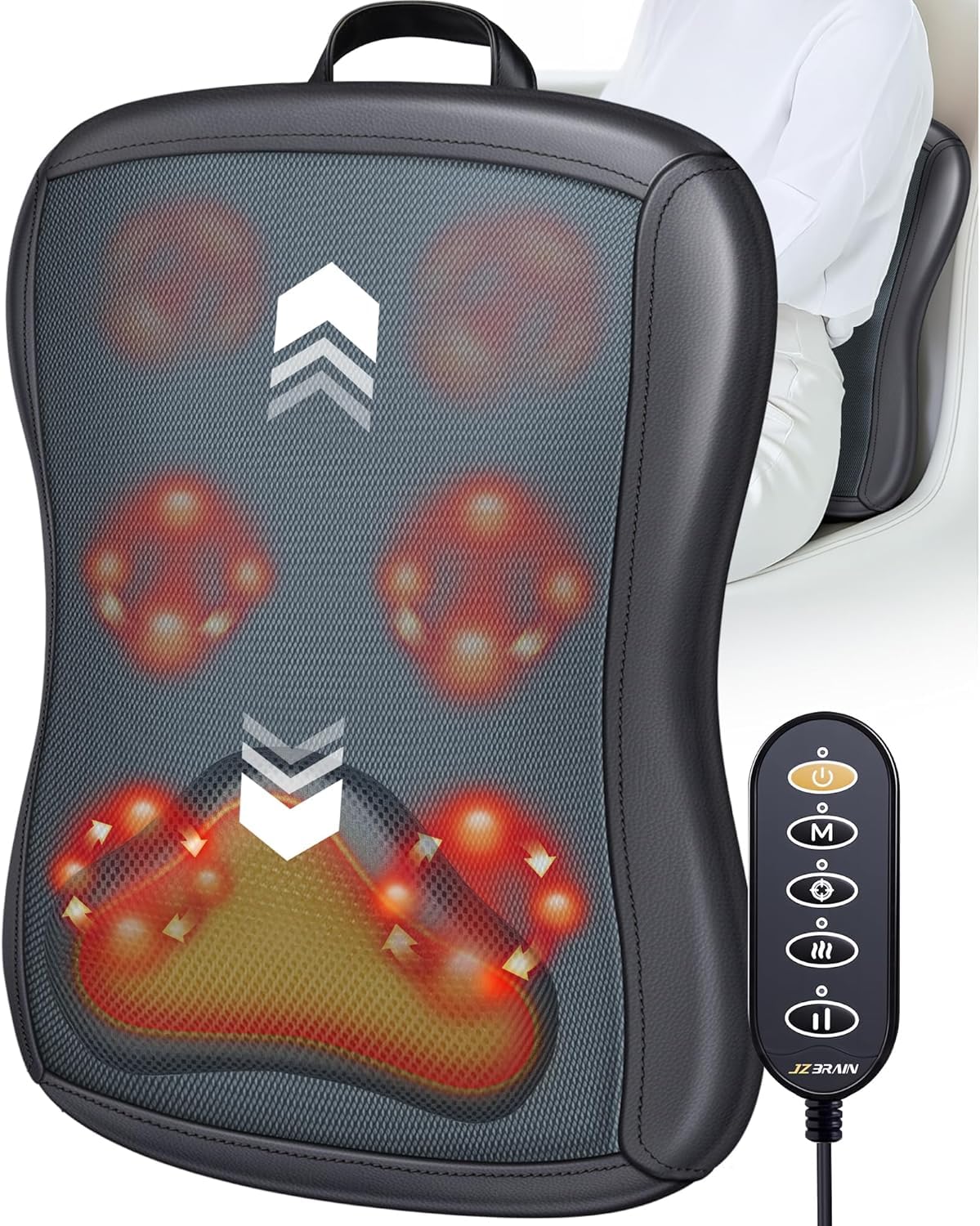 JZBRAIN Shiatsu Back Massager with Heat : Up and Down Rolling Massage - Electric Back Massager for Pain Relief Deep Tissue - Heated Lower Back Massager for Office, Home Use