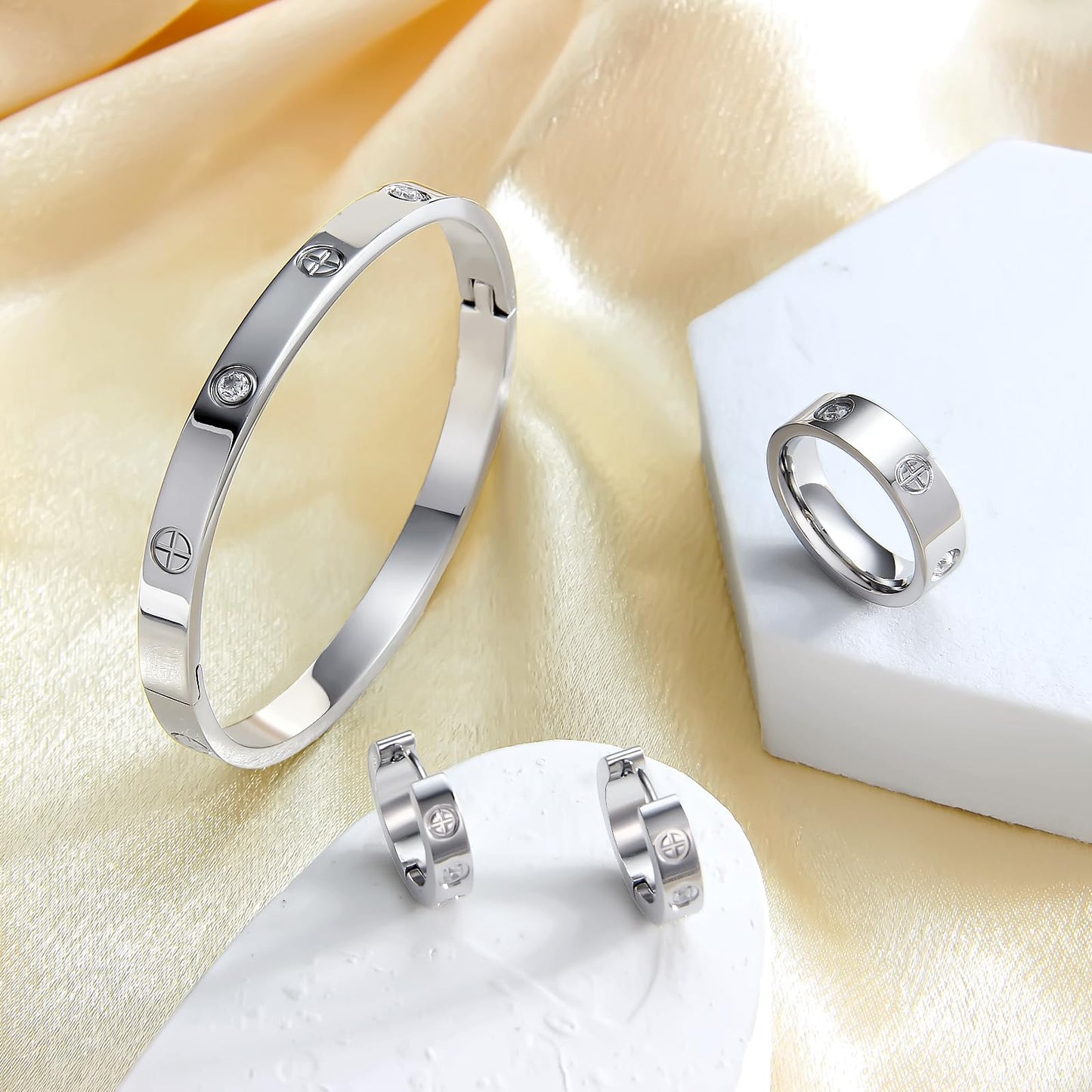 3 Pcs Hoop Earrings Bracelets Ring Sets for Women-18K Gold Plated Love Bracelet Cubic Zirconia Cuff Bangle Hoop Earrings Friendship Love Ring Jewelry Set,Wedding Party Christmas Valentine's Day Birthday Gifts for Her Girlfriend Sister Daughter