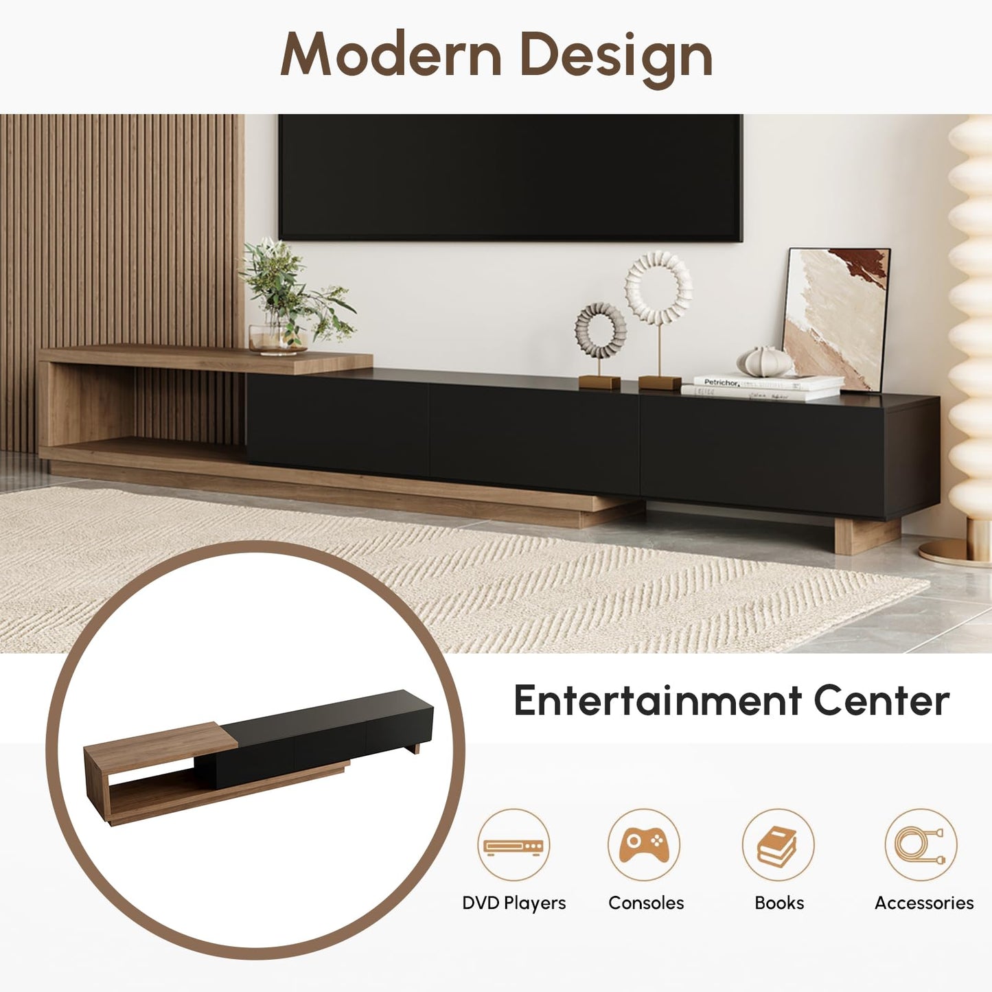 homary Modern Mid-Century Coffee Table and TV Stand Set of 2, Extendable Entertainment Center Set for Living Room (Black & Walnut)