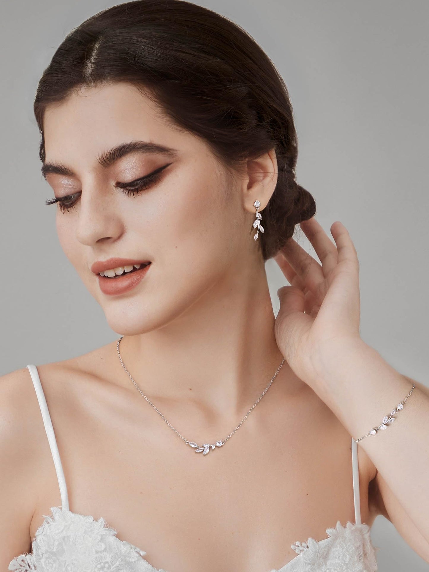 SWEETV Bridal Jewelry Set for Bride & Bridesmaid - Cubic Zirconia Leaf Vine Earrings, Necklace & Bracelet Set for Wedding & Prom