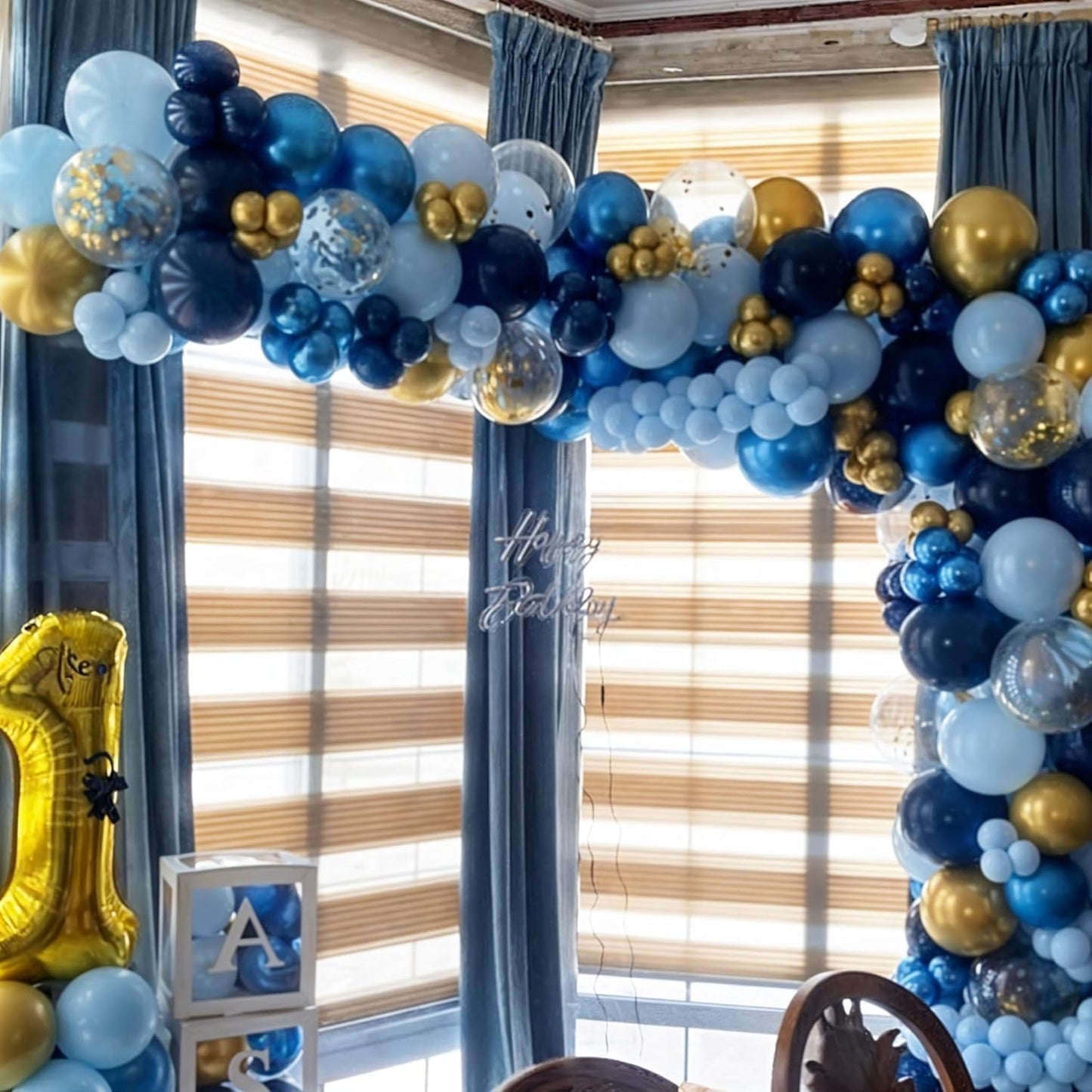 Blue Gold Balloons Garland Arch Kit, Navy Blue Light Blue Metallic Gold Blue Balloon Arch Kit, Macaron Blue Gold Confetti Balloon for Birthday Wedding Graduation Baby Shower Party Decorations