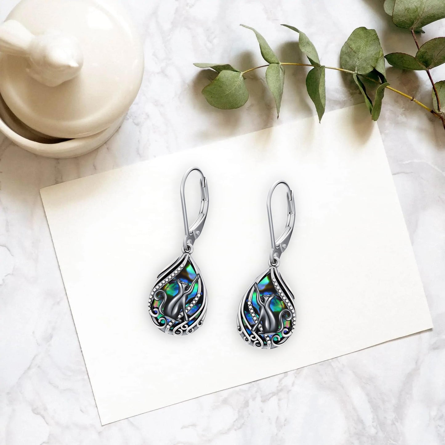 YYmqmq Black Cat Earrings for Women 925 Sterling Silver Abalone Filigree Dangle Drop Earrings Leverback Black Cat Jewelry Gifts for Women Girlfriend Mom