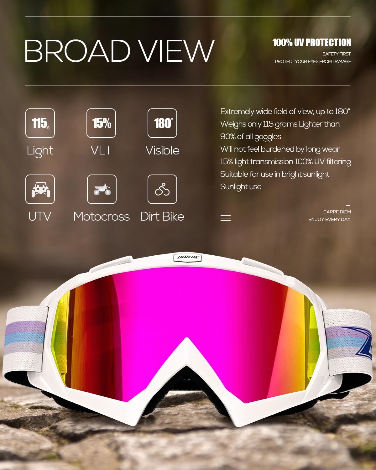 BATFOX Motorcycle Glasses Goggles Dirt Bike Motocross Safety ATV Tactical Riding (HD Purple-White Color, Adult)
