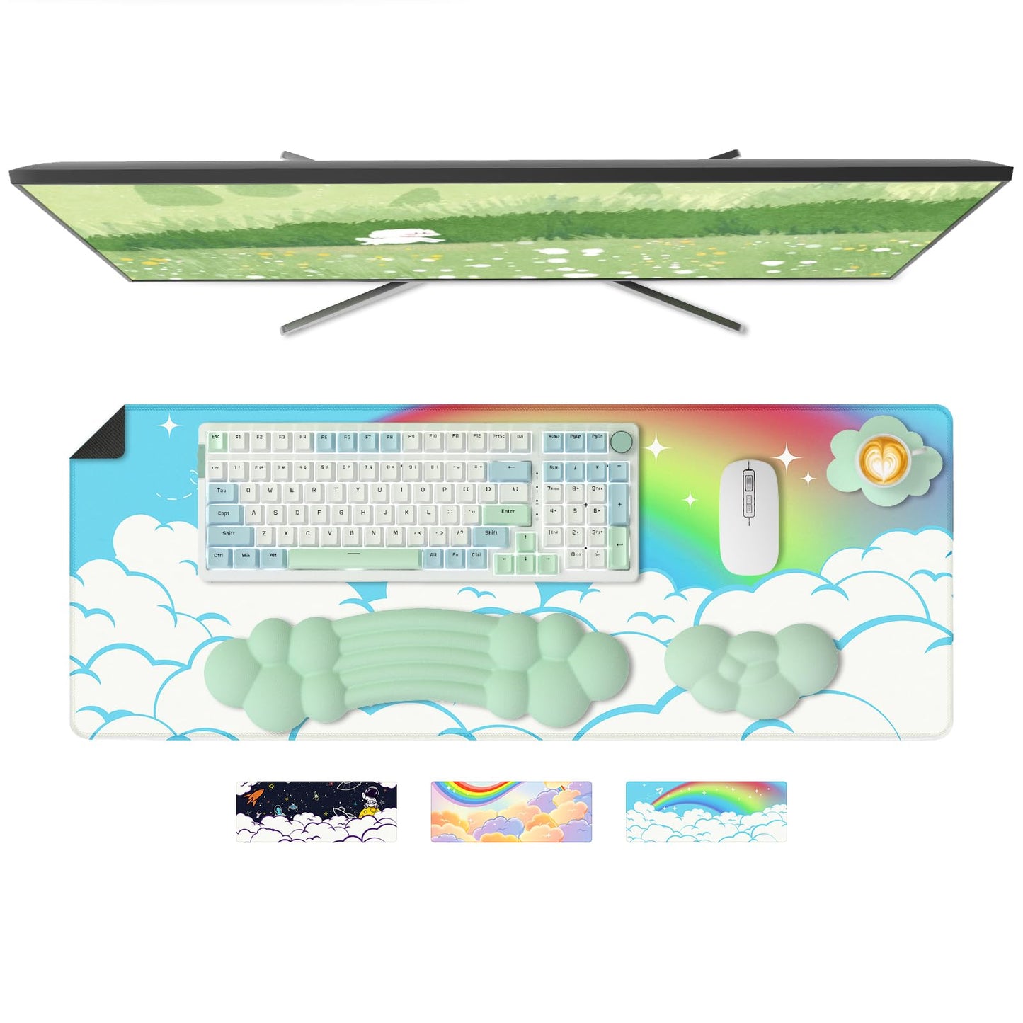 ATTACK SHARK Cloud Wrist Rest Mousepad Set for Gaming Keyboard and Mouse(31.3x11.6in) XXL Large Desk Mat Gel Wrist Support,PU Soft Memory Foam,Pain Relief,Non Slip Office Supplies for PC/Laptop-Green