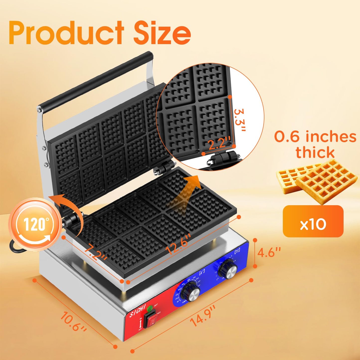 HTTSICHI Square Waffle Maker - Commercial Waffle Iron w/Non-stick Baking Pans, 550 ℉ Temperature and Timers, 1550W Hotel Waffle Machine for Double Baking, Professional Stainless Steel Waffle Maker