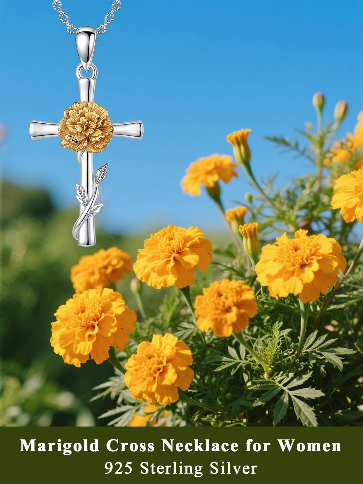 Cargari Marigold Flower Cross Necklace for Women 925 Sterling Silver Marigold Pendant Necklace Religious Floral Jewelry Gift
