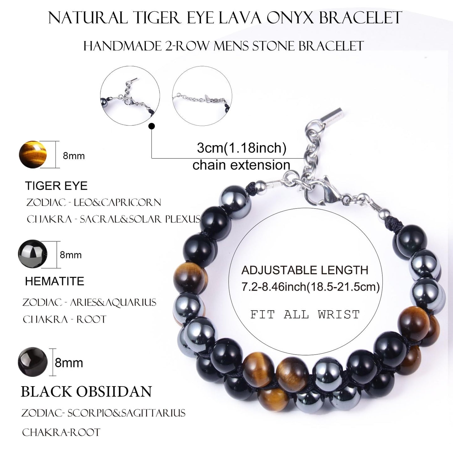 Triple Protection Bracelet for Men, COLORFEY Healing Tigers Eye Obsidian Hematite Stone Bracelet Pyramid Tiger Eye Bead Bracelets 8mm, Premium Handcrafted Stainless Steel Bracelets Luck Gift for Men
