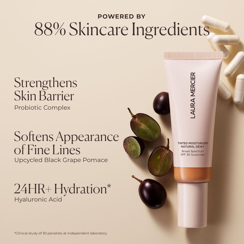 Laura Mercier Tinted Moisturizer Natural Dewy with SPF 30: 24HR+ Hydration, Long Lasting, Sheer to Light, Buildable Coverage, Dewy Finish, Improve Skin Tone and Texture, Skin Tint, Birch
