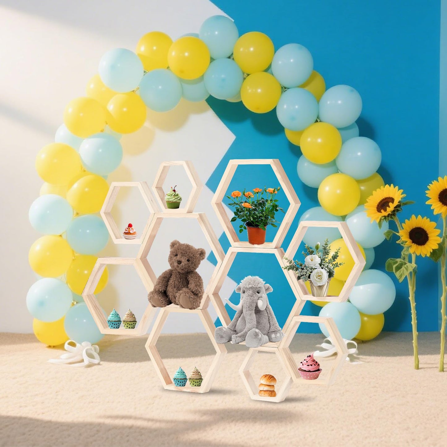 CIEOVO 10 Pcs Honey Comb Decorations, 5 Sizes Farmhouse Wood Hexagon Shelves Honeycomb Centerpiece Cupcake Stand Bee Hive Display Holder for DIY Birthday Wedding Baby Shower Honeybee Party Decor